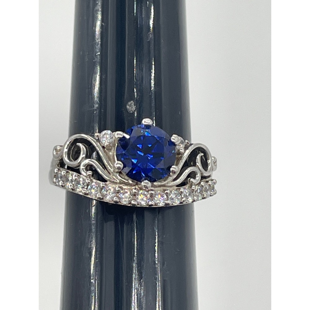 Sterling Silver 925 Blue Sapphire CZ Tiara Crown Filigree Ring Size 8.75